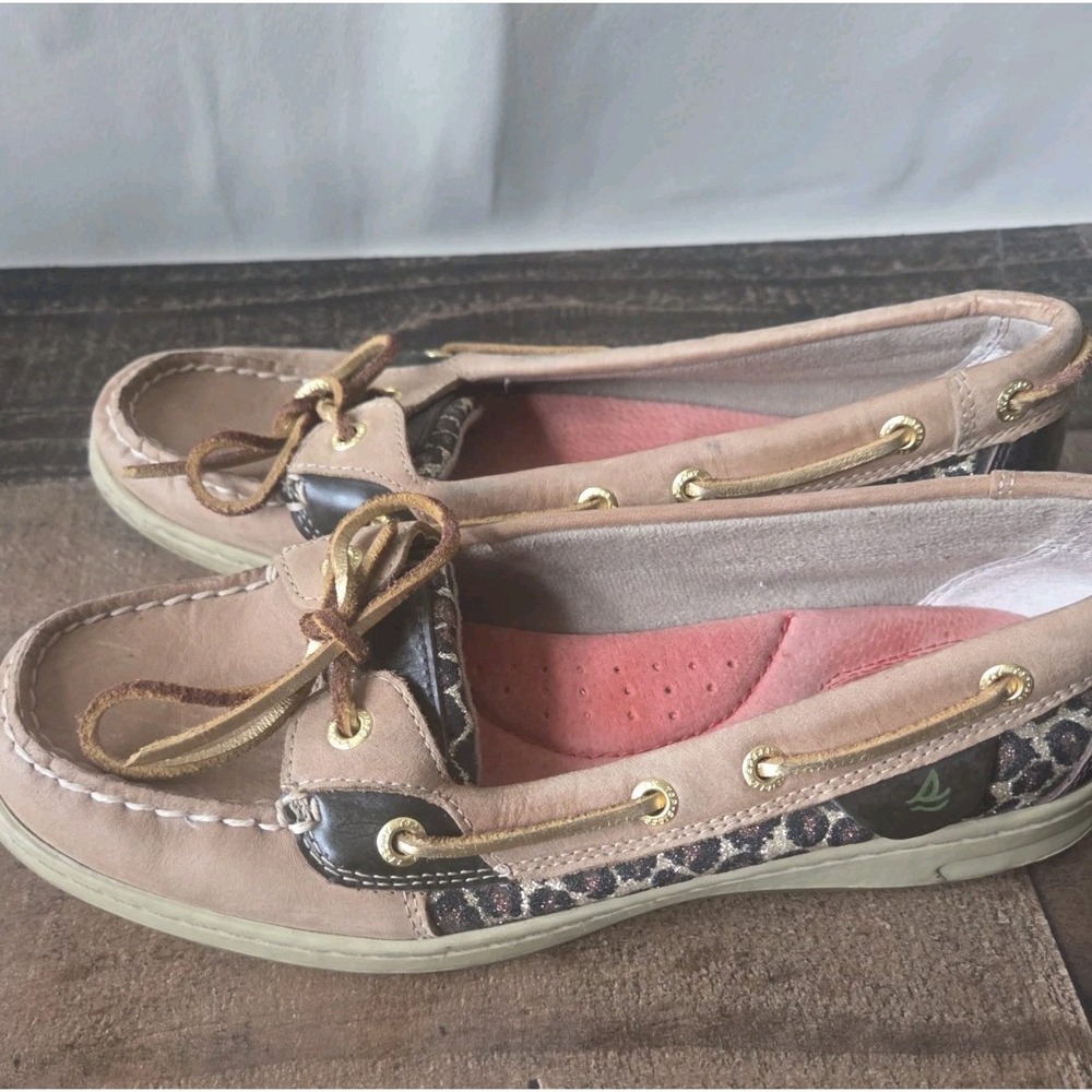 Sperry Top Sider Boat Shoes Womens Sz 8M Angelfish Leopard Slip On Brown Leather